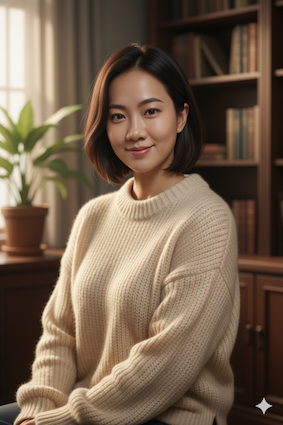 Woman in sweater with blurred bookcase background, portrait for healing journey article.