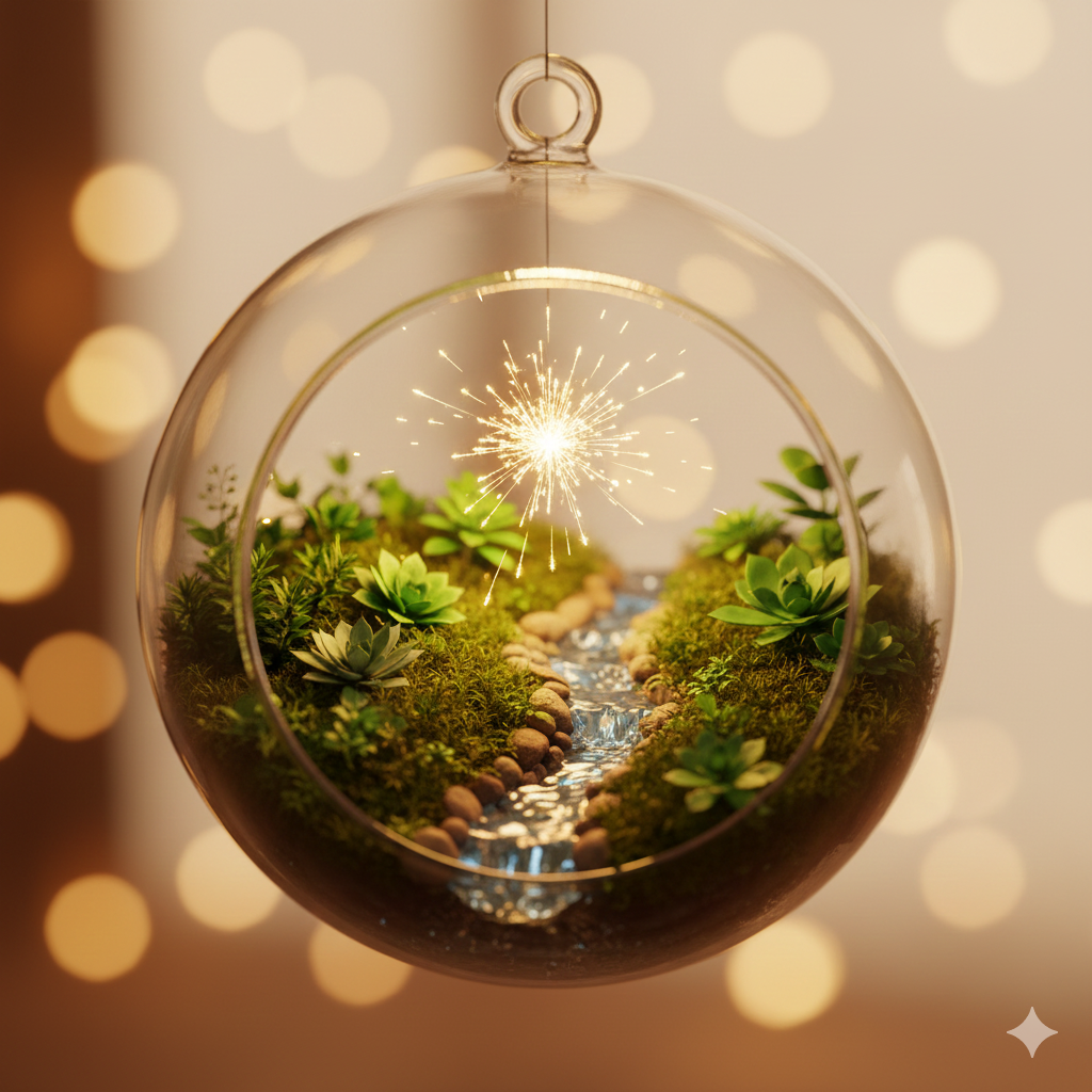 一個懸掛著的圓形玻璃生態瓶，內部種滿了綠色多肉植物與苔蘚，有一條清澈的小河流過，中心綻放著一朵金色的光芒火花，背景是溫暖模糊的散景光點。