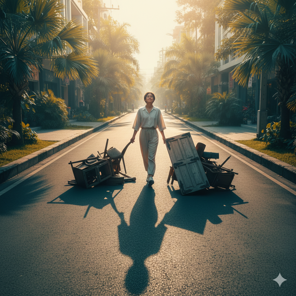 一個人走在陽光照耀的街道，影子卻拖著沈重的舊門與破損家具。這幅影像象徵了失戀或創傷後的「心理幻肢痛」，以及神經系統對過去所有權的執著與喬遷過程。