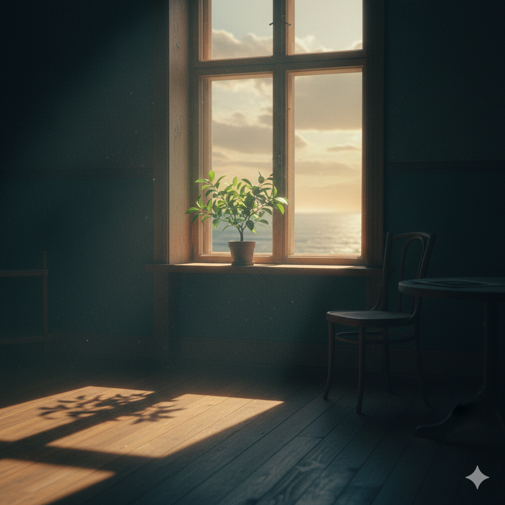 Cinematic view of a sunny window in Chiang Mai with a coffee cup, symbolizing freedom from heartbreak and neural relocation.