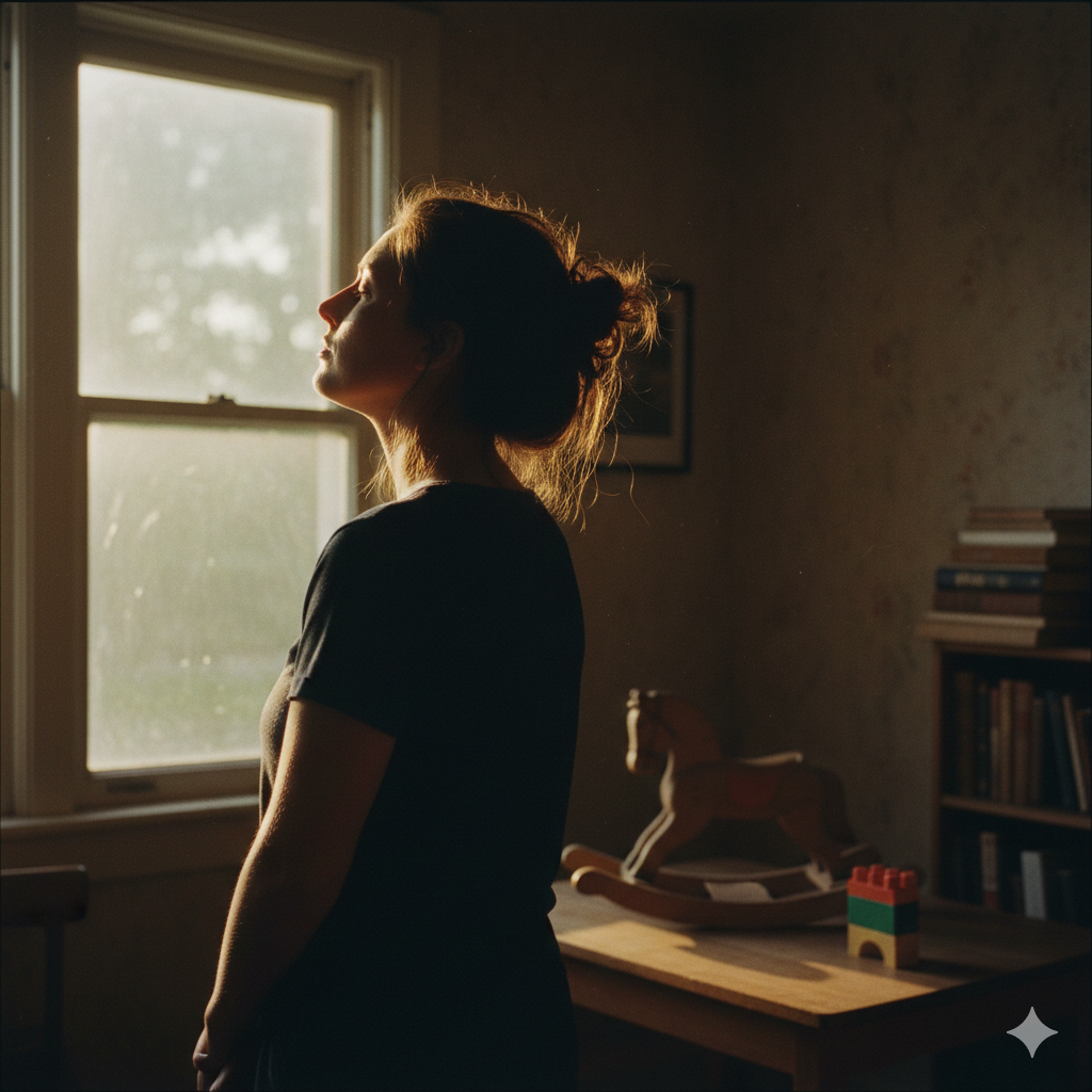 Back view of a woman standing by a window in sunlight, symbolizing resilience and growth.