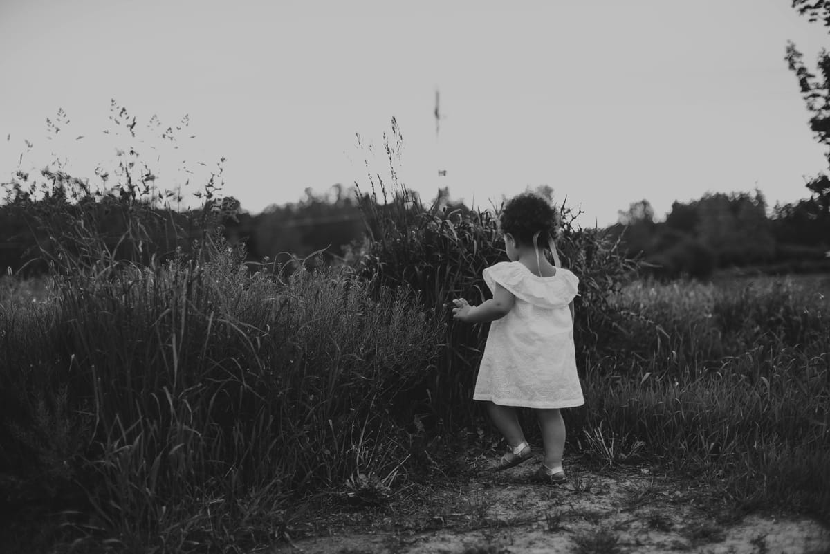 一個穿白色洋裝的小女孩背對鏡頭，獨自走入茂密的草叢小徑，黑白攝影