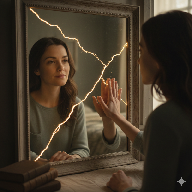 Woman and kintsugi mirror: healing from over-giving in relationships. 