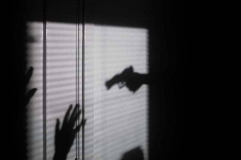 On a wall, the shadow of a hand holding a gun meets the shadow of a hand raised in defense.